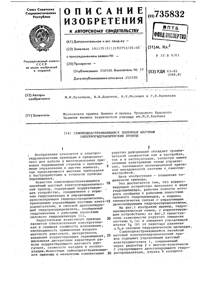 Самоподнастраивающийся линейный шаговый электрогидравлический привод (патент 735832)