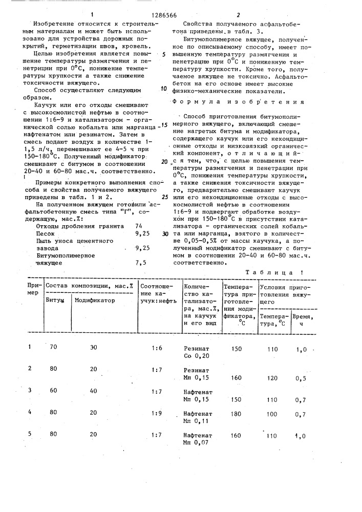 Способ приготовления битумо-полимерного вяжущего (патент 1286566)