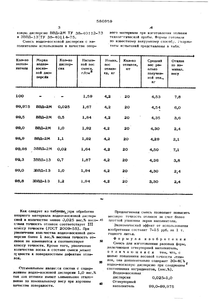 Смесь для изготовления разовых форм (патент 586959)