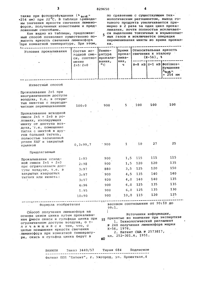 Способ получения люминофора наоснове окиси цинка (патент 829650)