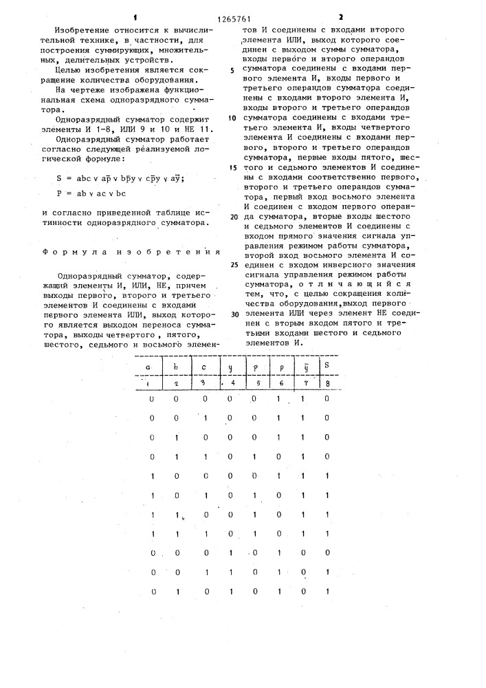 Одноразрядный сумматор (патент 1265761)