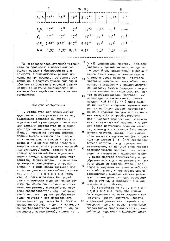 Устройство для перемножения двух частотно-импульсных сигналов (патент 920723)