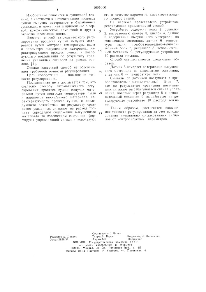 Способ автоматического регулирования процесса сушки сыпучих материалов (патент 1091000)