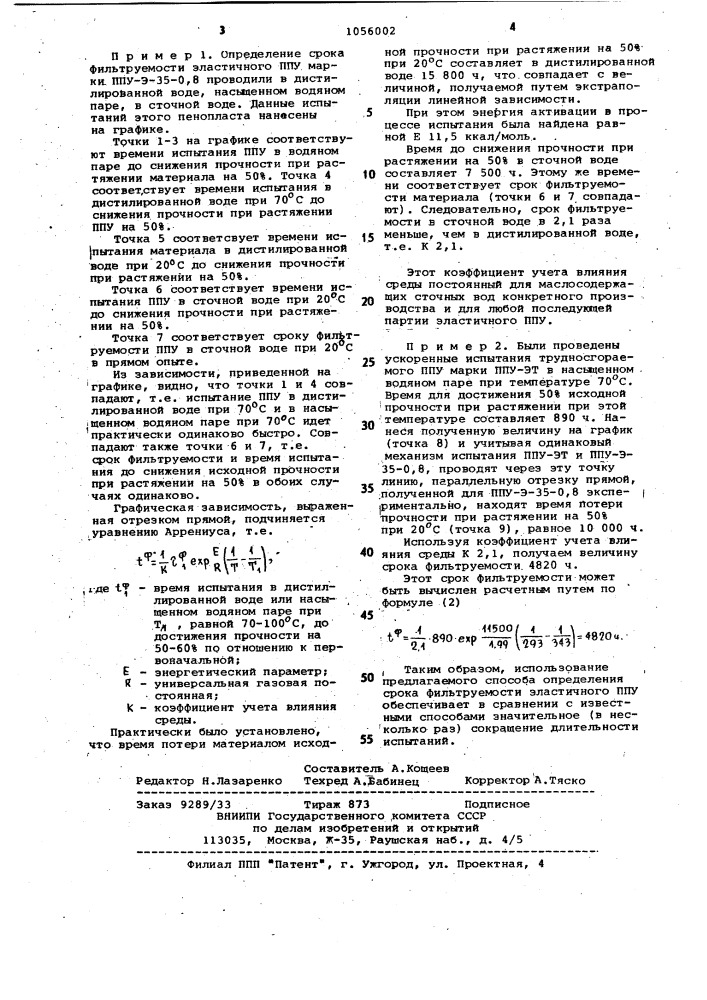 Способ определения срока фильтруемости пенополиуретана, используемого при очистке сточных вод (патент 1056002)