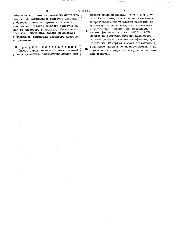 Способ определения состояния соцветий у калл эфиопских (патент 518183)