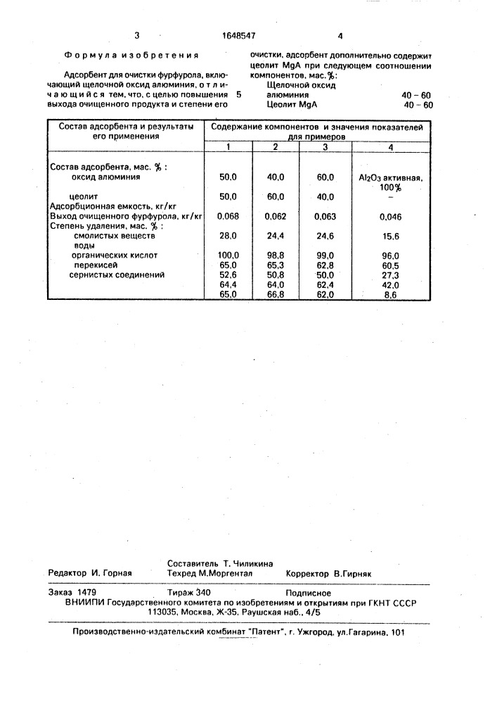 Адсорбент для очистки фурфурола (патент 1648547)