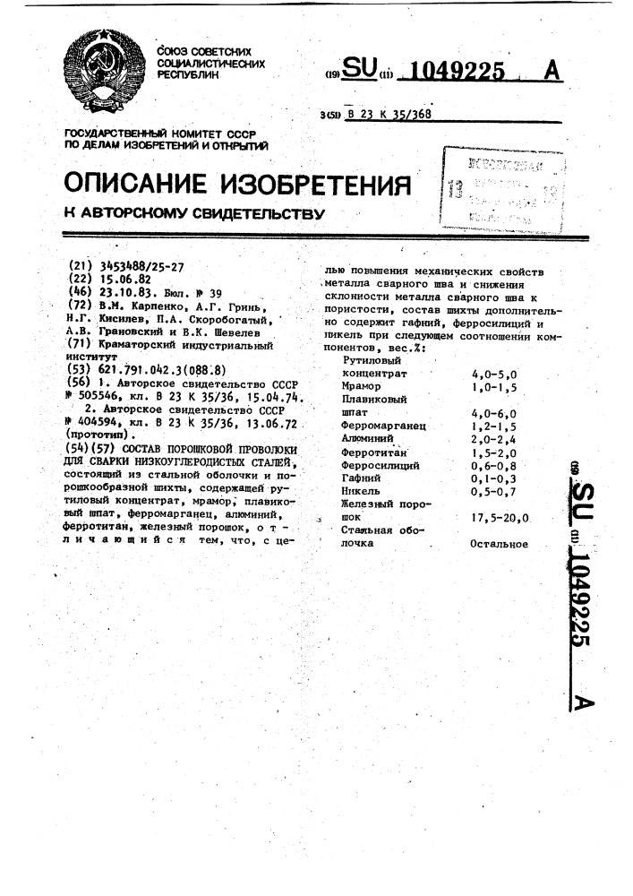 Состав порошковой проволоки для сварки низкоуглеродистых сталей (патент 1049225)