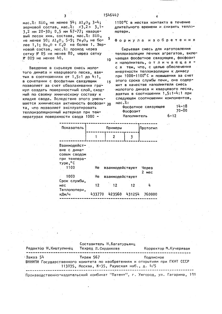 Сырьевая смесь для изготовления теплоизоляции печных агрегатов (патент 1546447)
