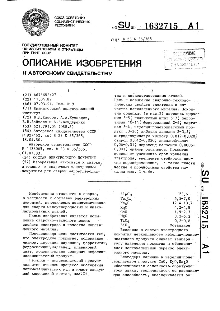 Состав электродного покрытия (патент 1632715)