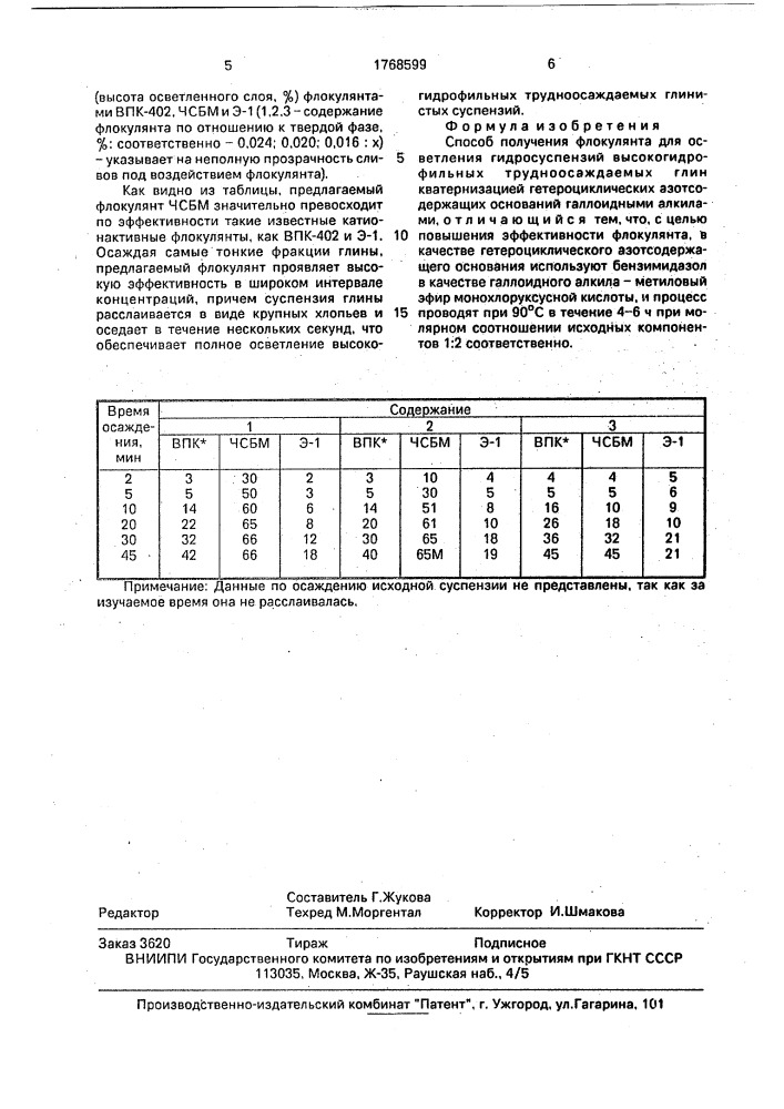 Способ получения флокулянта на осветления гидросуспензий высокогидрофильных трудноосаждаемых глин (патент 1768599)