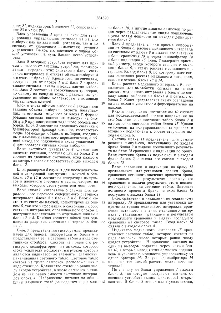 Устройство для статистического контроля по медианному интервалу и проценту брака (патент 331390)