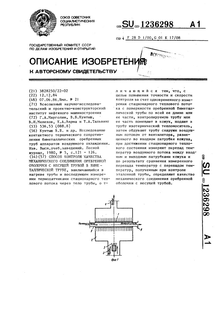 Способ контроля качества механического соединения оребренной оболочки с несущей трубой в биметаллической трубе (патент 1236298)