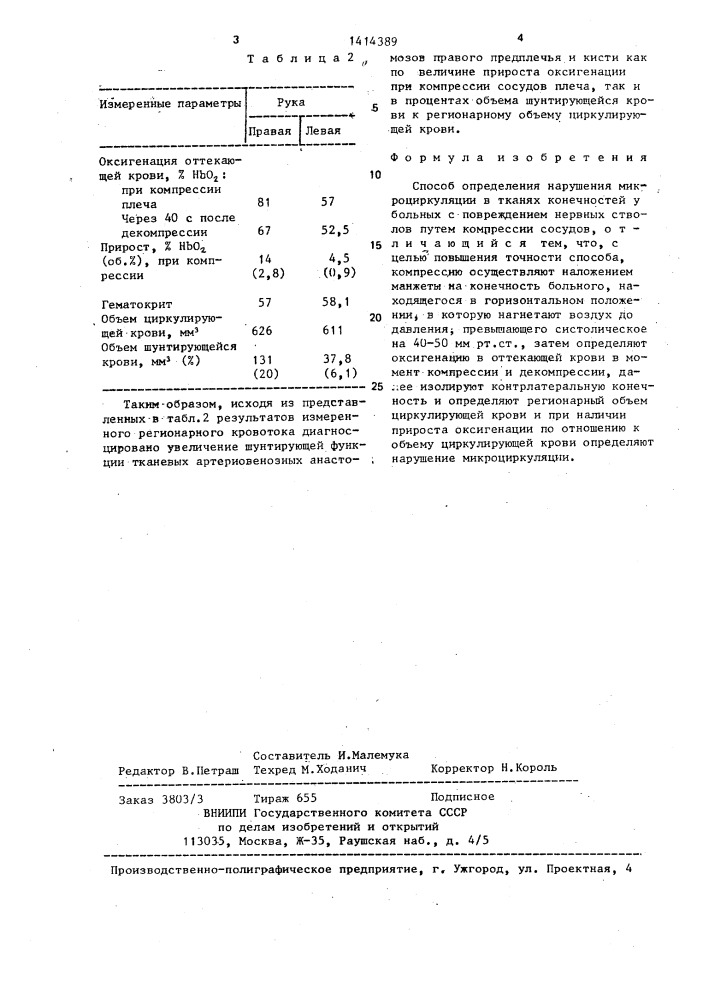 Способ определения нарушения микроциркуляции в тканях конечностей у больных с повреждением нервных стволов (патент 1414389)