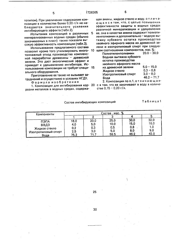Композиция для ингибирования коррозии металлов в водных средах (патент 1728305)
