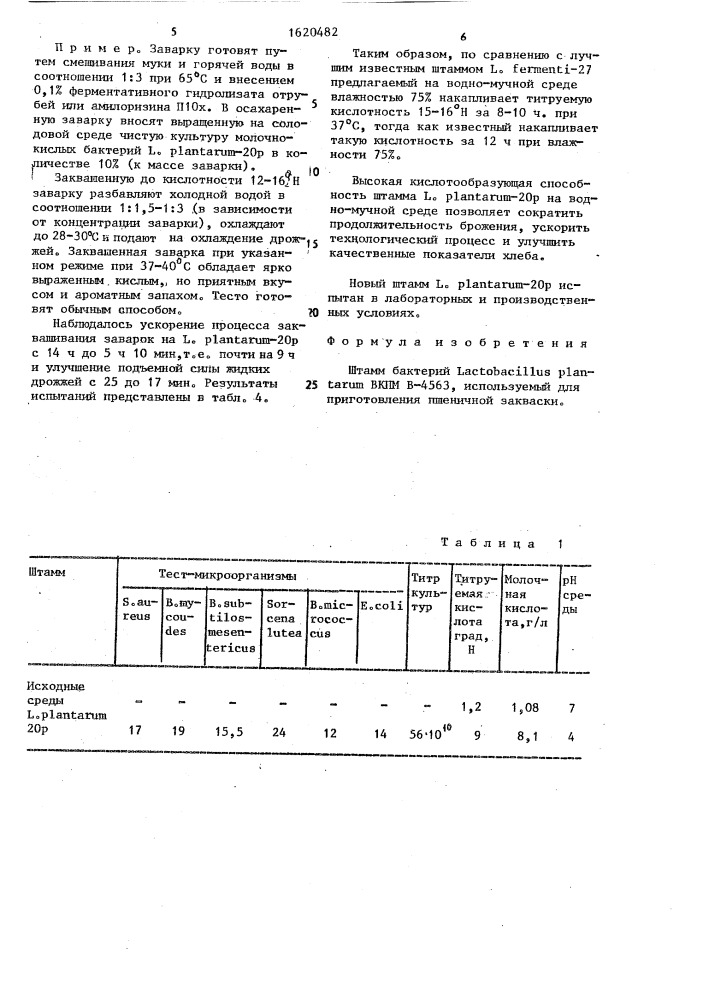 Штамм бактерий lастовасillus рlаnтаruм, используемый для приготовления пшеничной закваски (патент 1620482)