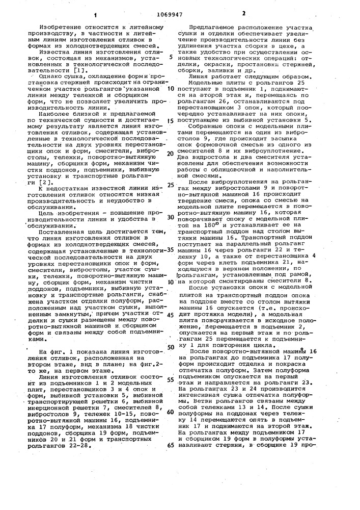 Линия изготовления отливок в формах из холоднотвердеющих смесей (патент 1069947)