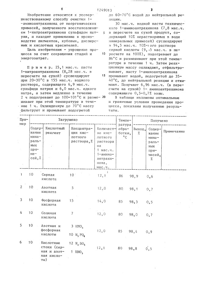 Способ очистки 1-аминоантрахинона от неорганических примесей (патент 1249013)