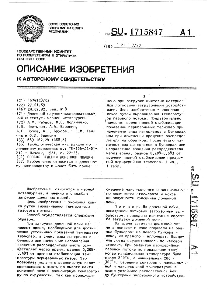 Способ ведения доменной плавки (патент 1715847)