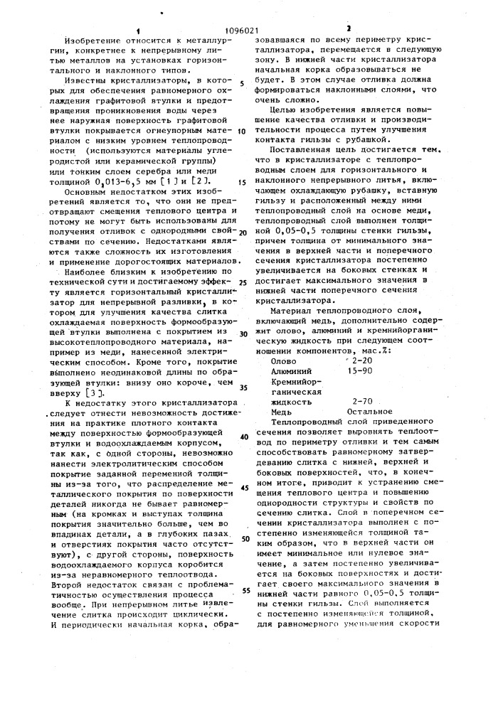 Кристаллизатор с теплопроводным слоем для горизонтального и наклонного непрерывного литья и материал теплопроводного слоя (патент 1096021)