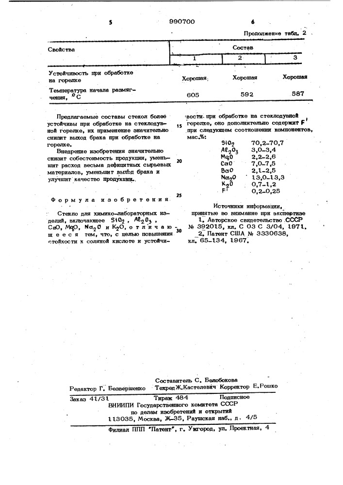Стекло для химико-лабораторных изделий (патент 990700)