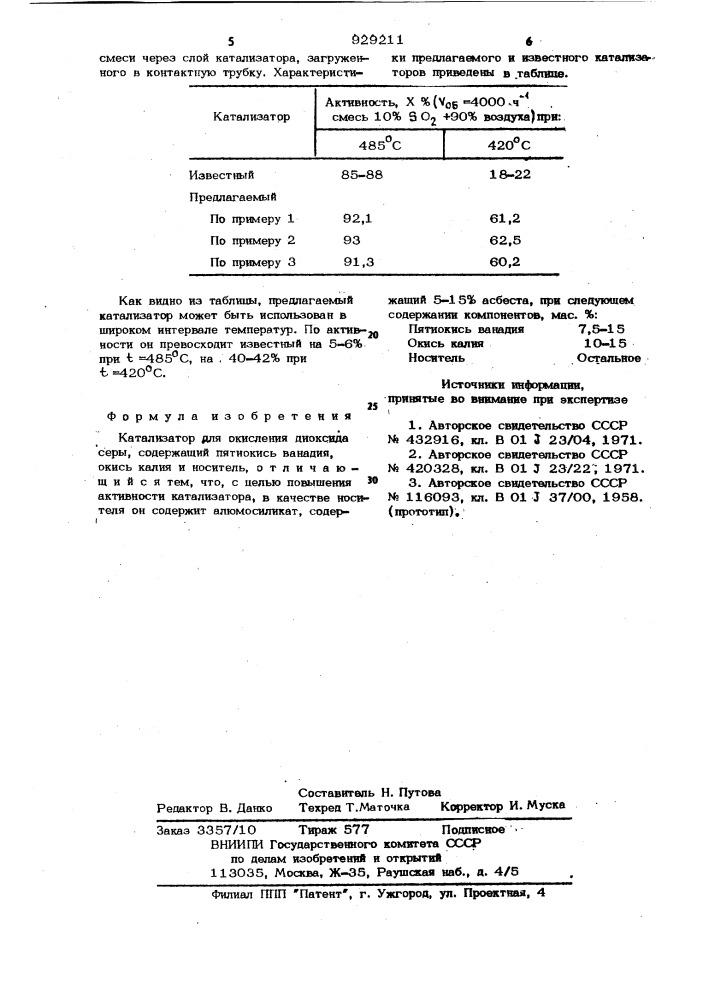 Катализатор для окисления диоксида серы (патент 929211)