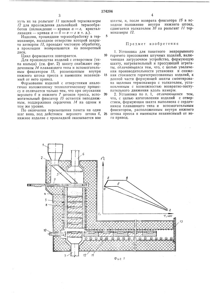 Установка для пакетного непрерывного горячего прессования штучных изделий (патент 374206)