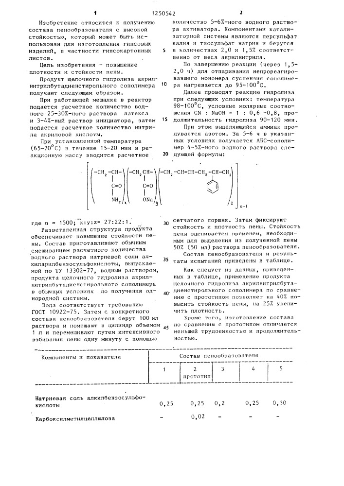 Пенообразователь для изготовления гипсокартонных листов (патент 1250542)