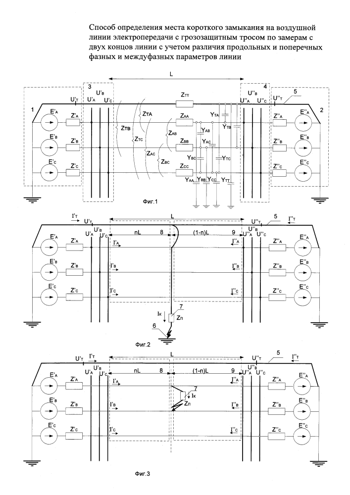 Способ определения места короткого замыкания на воздушной линии электропередачи с грозозащитным тросом по замерам с двух концов линии с учетом различия продольных и поперечных фазных и междуфазных параметров линии (патент 2605558)