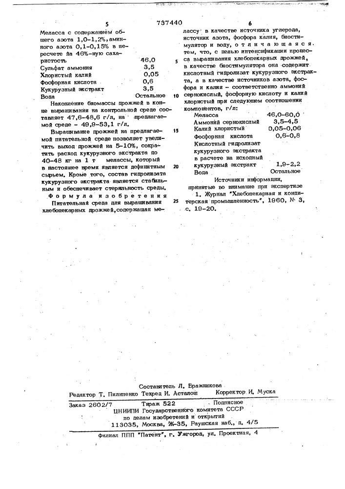 Питательная среда для выращивания хлебопекарных дрожжей (патент 737440)
