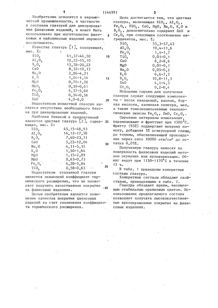 Цветная глазурь (патент 1144991)