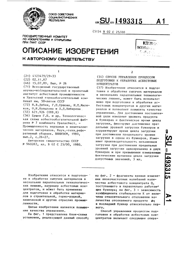 Способ управления процессом подготовки к обработке асбестовых концентратов (патент 1493315)