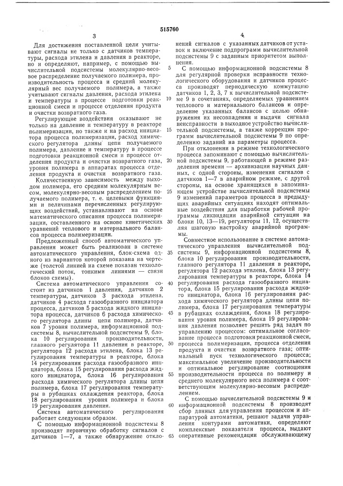 Способ автоматического управления процессом получения полиэтилена (патент 515760)