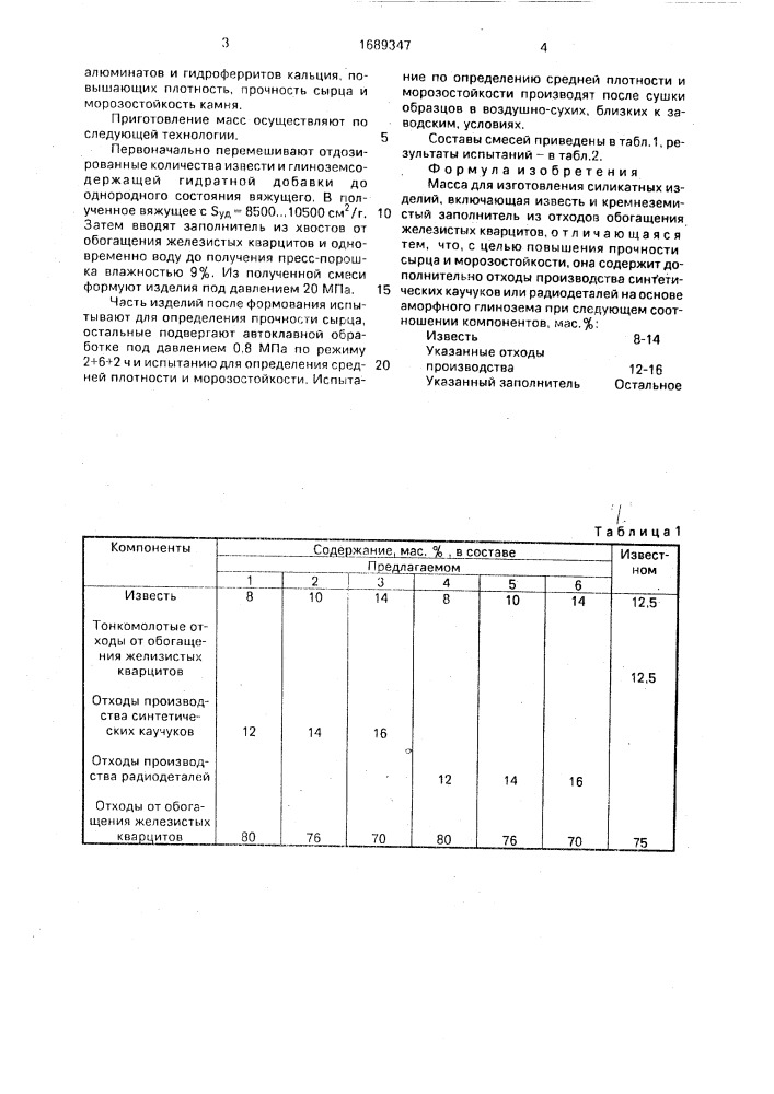 Масса для изготовления силикатных изделий (патент 1689347)