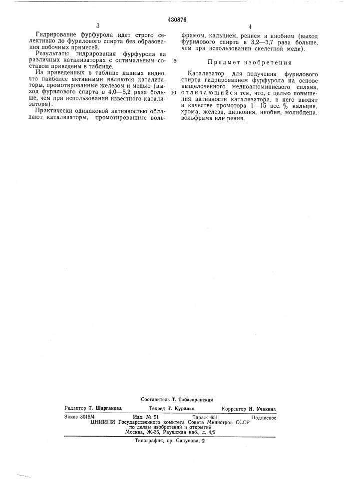 Катализатор для получения фурилового спирта (патент 430876)