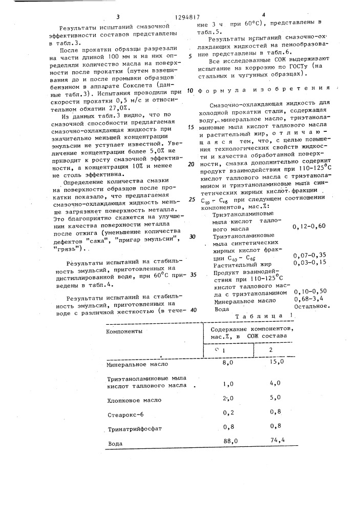 Смазочно-охлаждающая жидкость для холодной прокатки стали (патент 1294817)