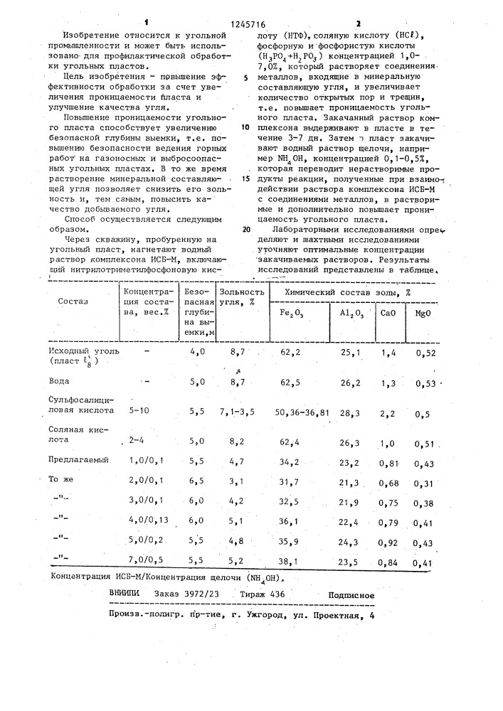 Способ профилактической обработки газоносных и выбросоопасных угольных пластов (патент 1245716)