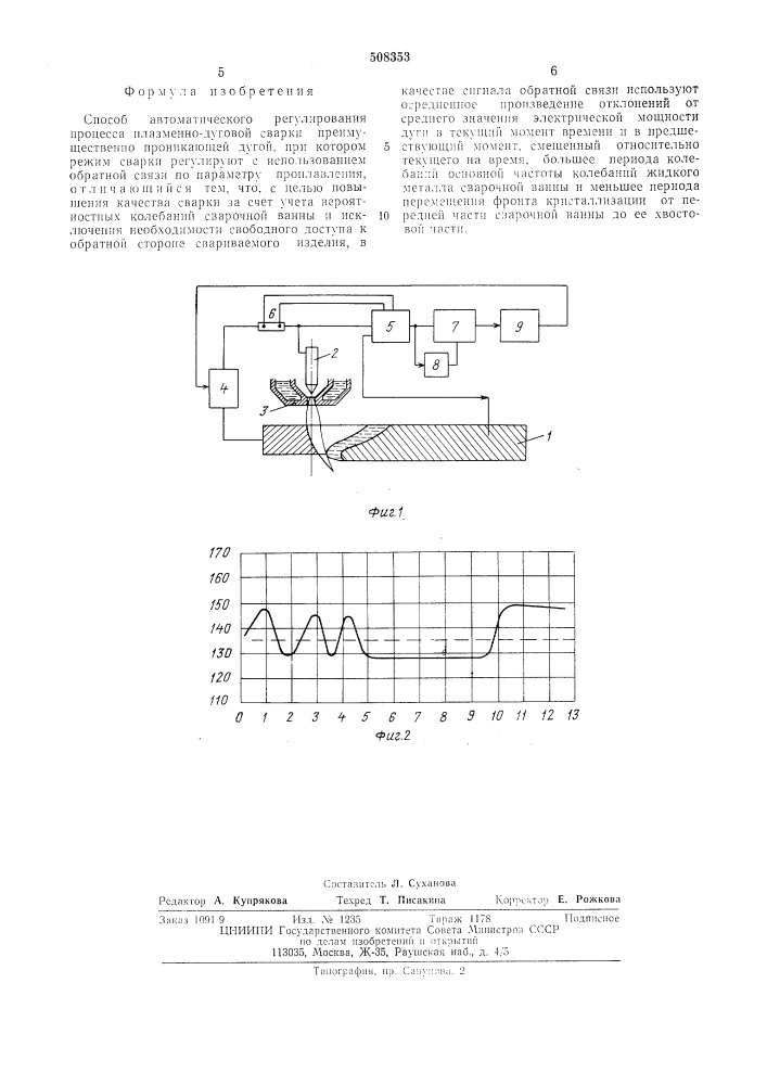 Способ автоматического регулированияпроцесса плазменно- дуговойсварки (патент 508353)