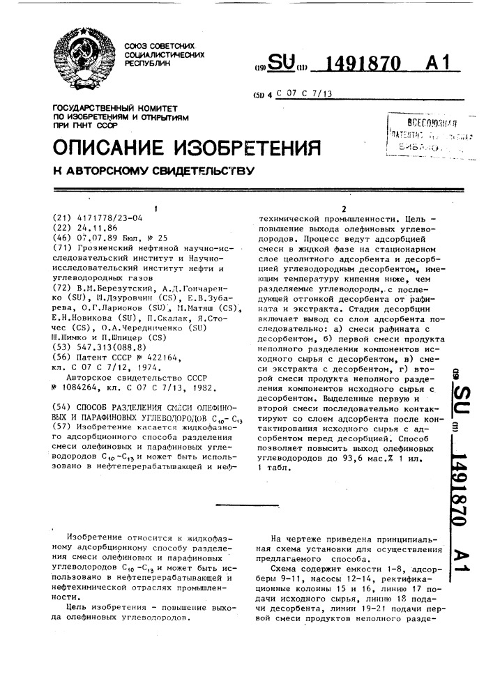 Способ разделения смеси олефиновых и парафиновых углеводородов с @ -с @ (патент 1491870)