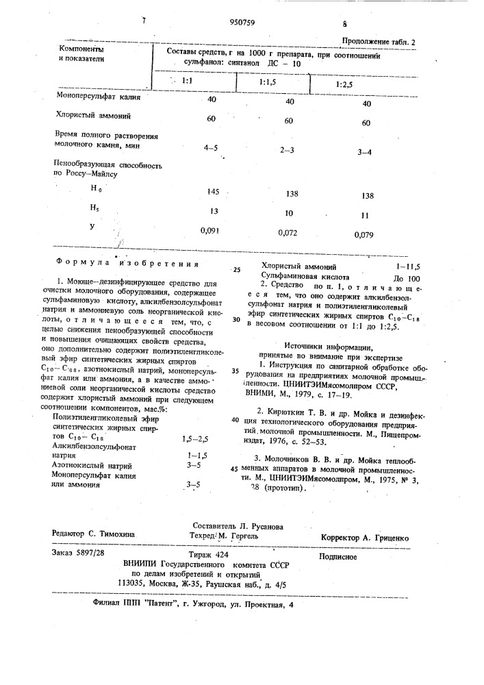 Моюще-дезинфицирующее средство "рмк-ск-2" для очистки молочного оборудования (патент 950759)