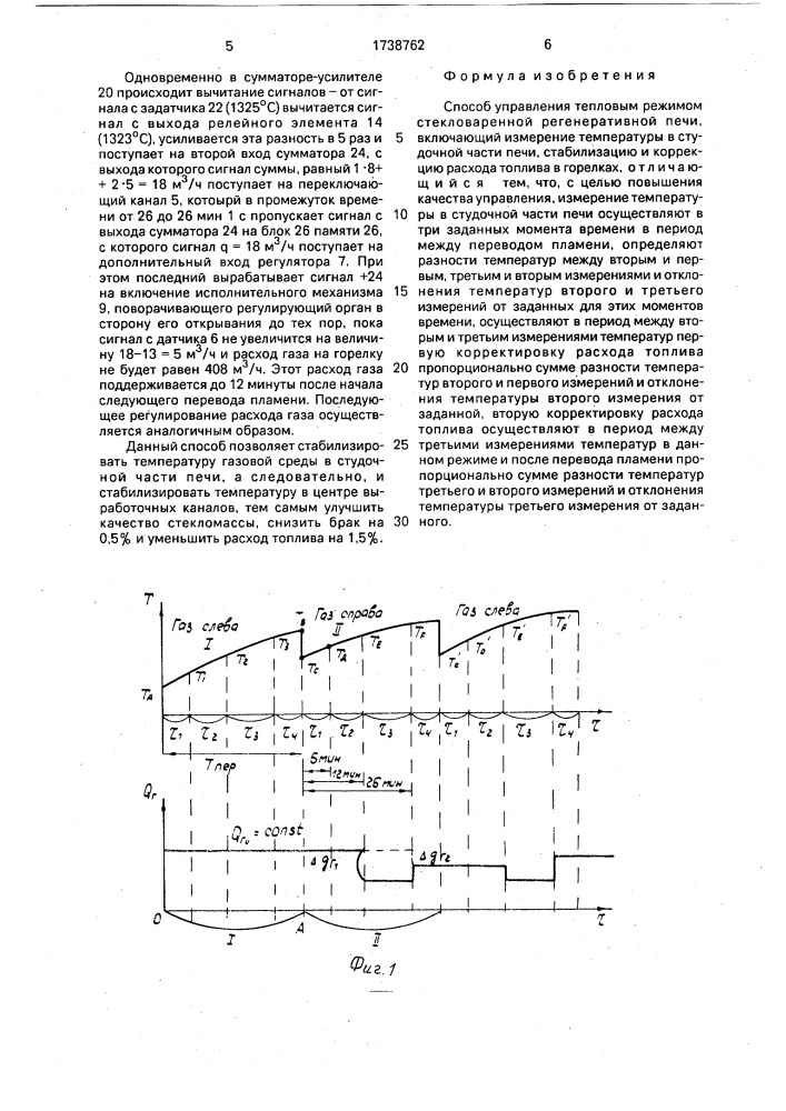 Способ управления тепловым режимом стекловаренной регенеративной печи (патент 1738762)