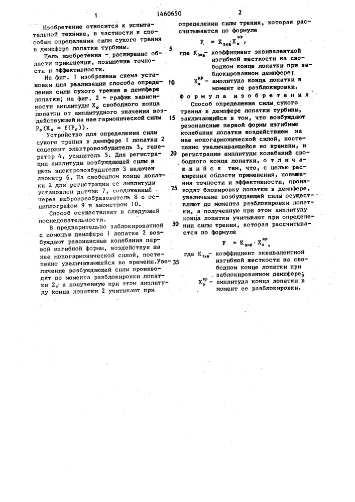 Способ определения силы сухого трения в демпфере лопатки турбины (патент 1460650)