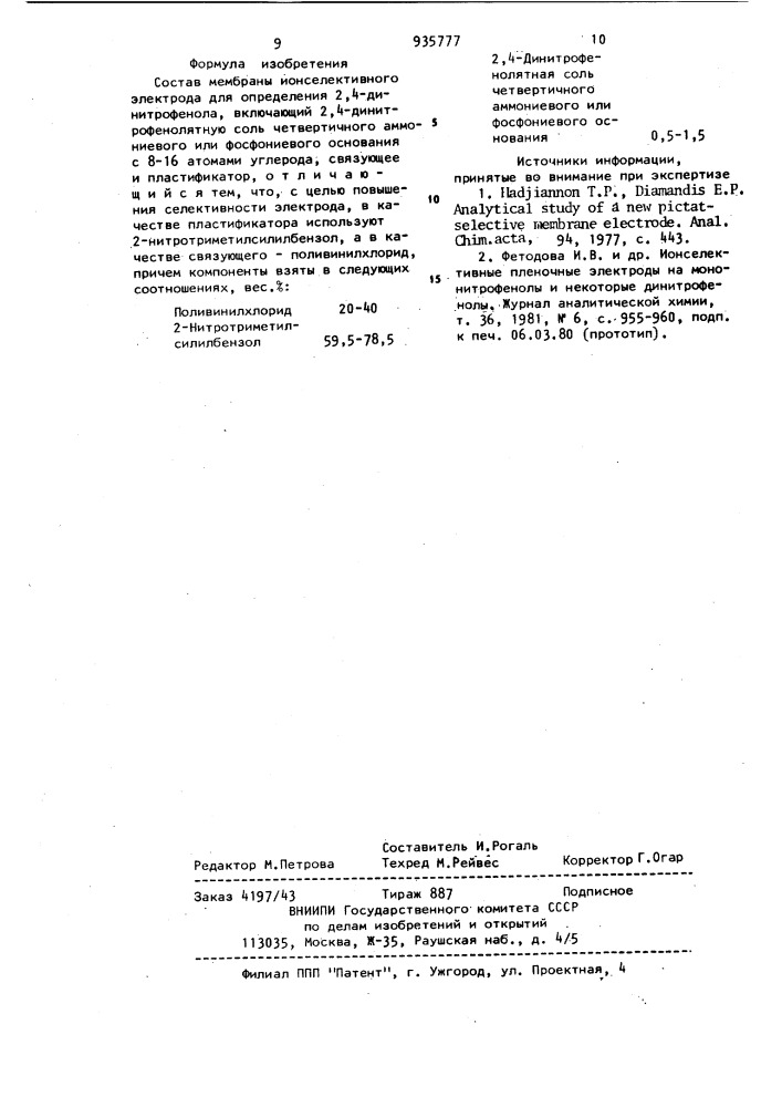 Состав мембраны ионоселективного электрода для определения 2,4-динитрофенола (патент 935777)