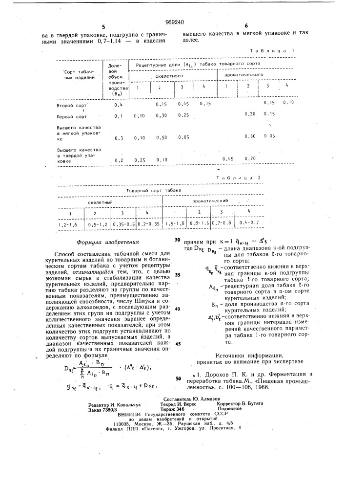 Способ составления табачной смеси для курительных изделий (патент 969240)