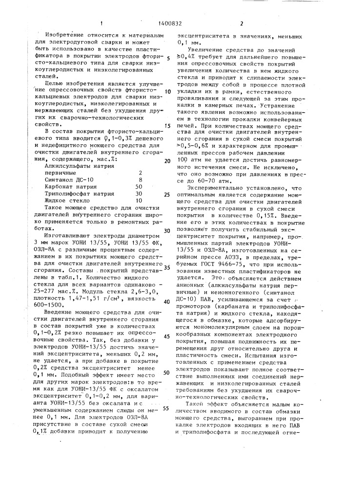 Пластификатор обмазочной массы для сварочных электродных покрытий фтористо-кальциевого типа (патент 1400832)