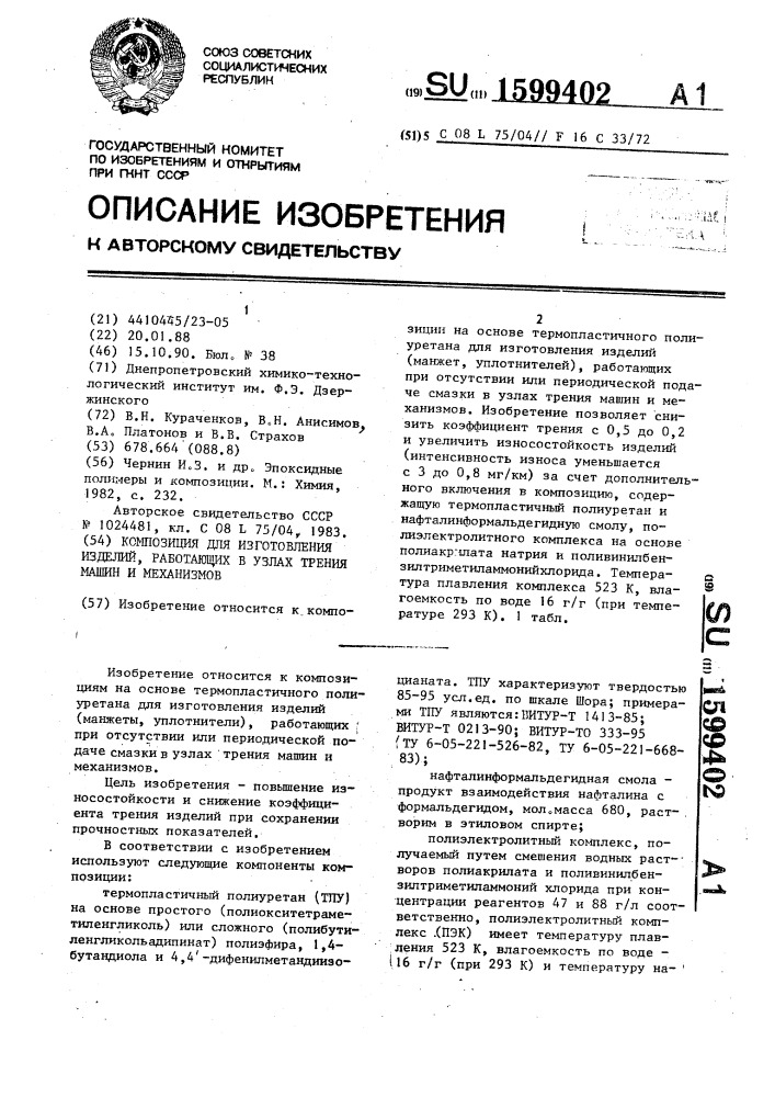 Композиция для изготовления изделий, работающих в узлах трения машин и механизмов (патент 1599402)