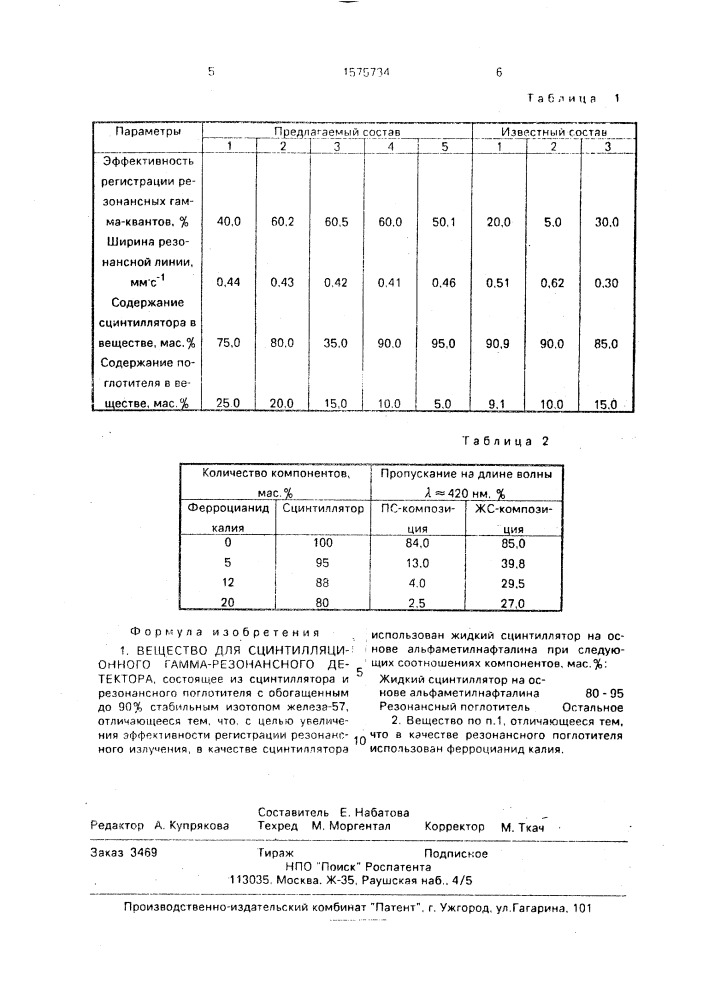 Вещество для сцинтилляционного гамма-резонансного детектора (патент 1575734)