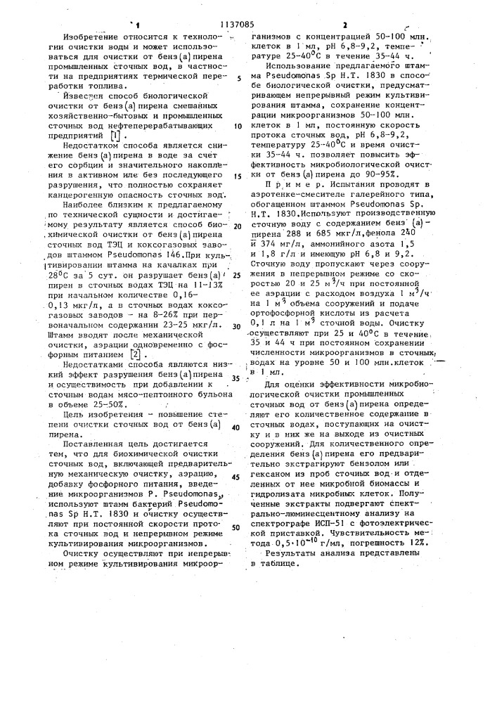 Способ биохимической очистки сточных вод от бенз(а)пирена (патент 1137085)