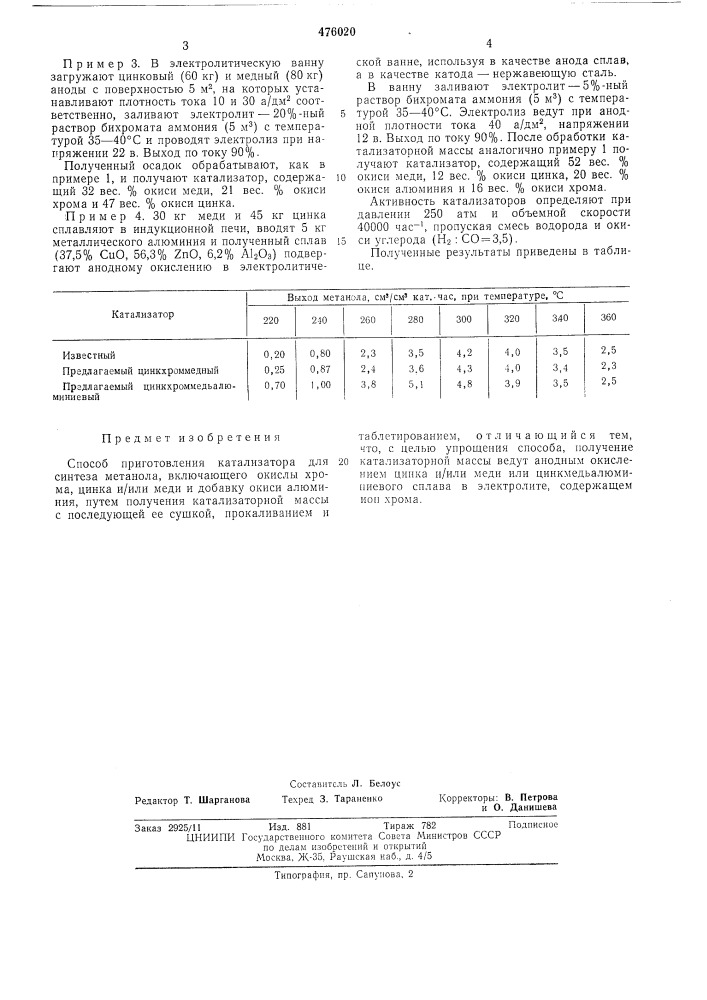 Способ приготовления катализатора для синтеза метанола (патент 476020)