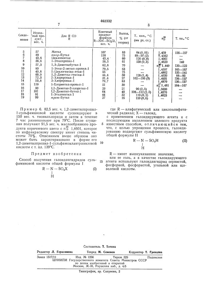 Способ получения галоидангидридов сульфаминовой кислоты (патент 462332)