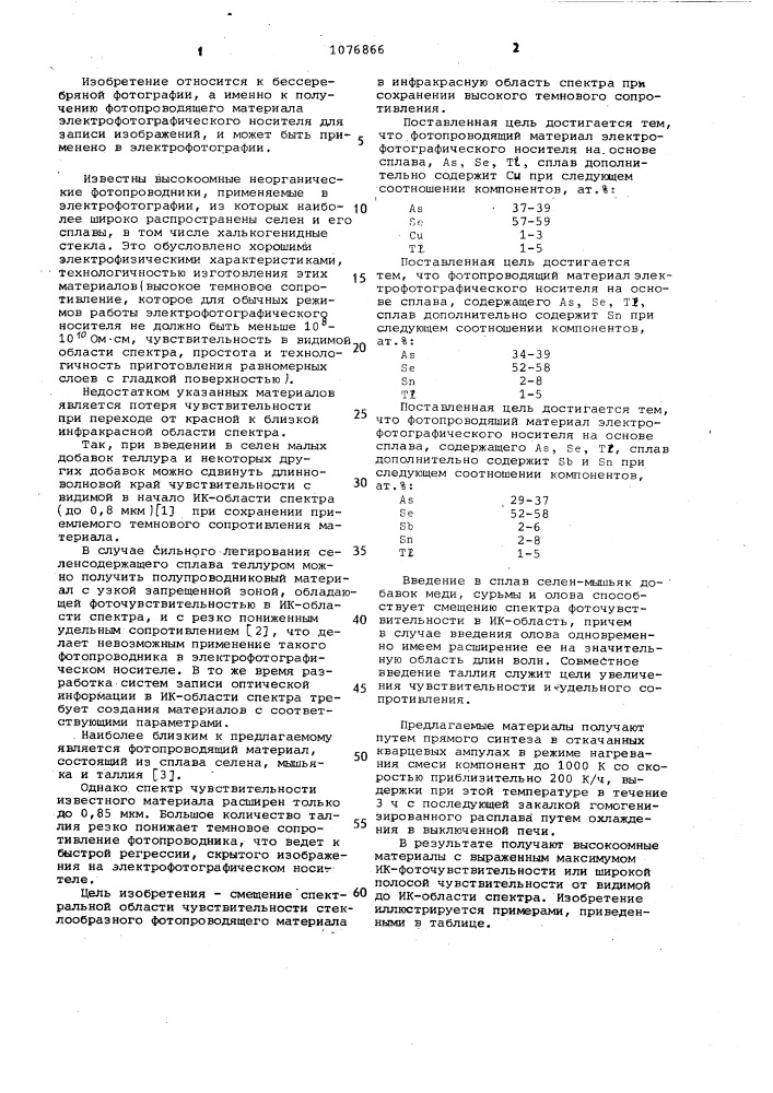 Фотопроводящий материал электрофотографического носителя (его варианты) (патент 1076866)